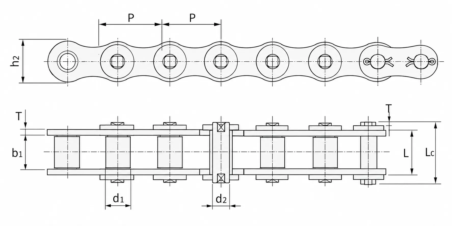 Dimensions de la chaîne de transmission à double pas